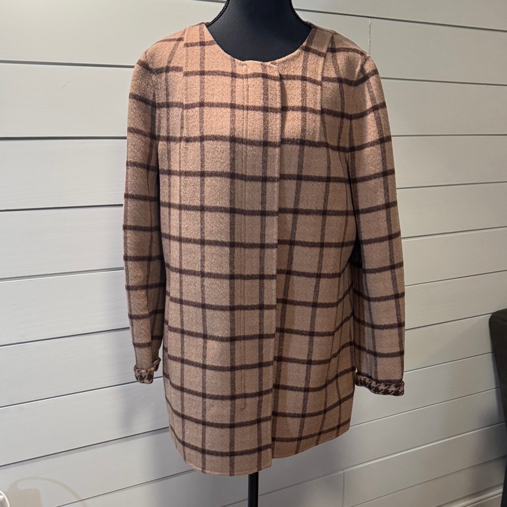 Talbots Plaid Crean & Brown Women's Zip Up Jacket Size Medium